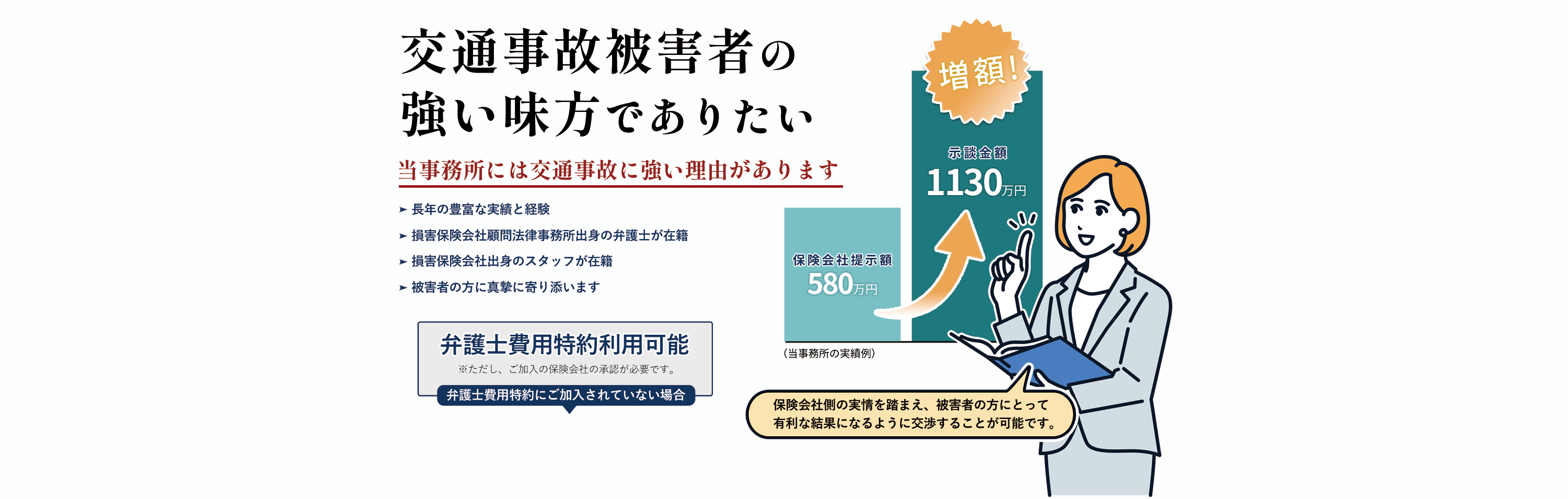 損保顧問法律事務所出身弁護士が在籍・保険会社出身スタッフが在籍。保険会社の内情に熟知しているため、より有利な結果となる交渉が可能です